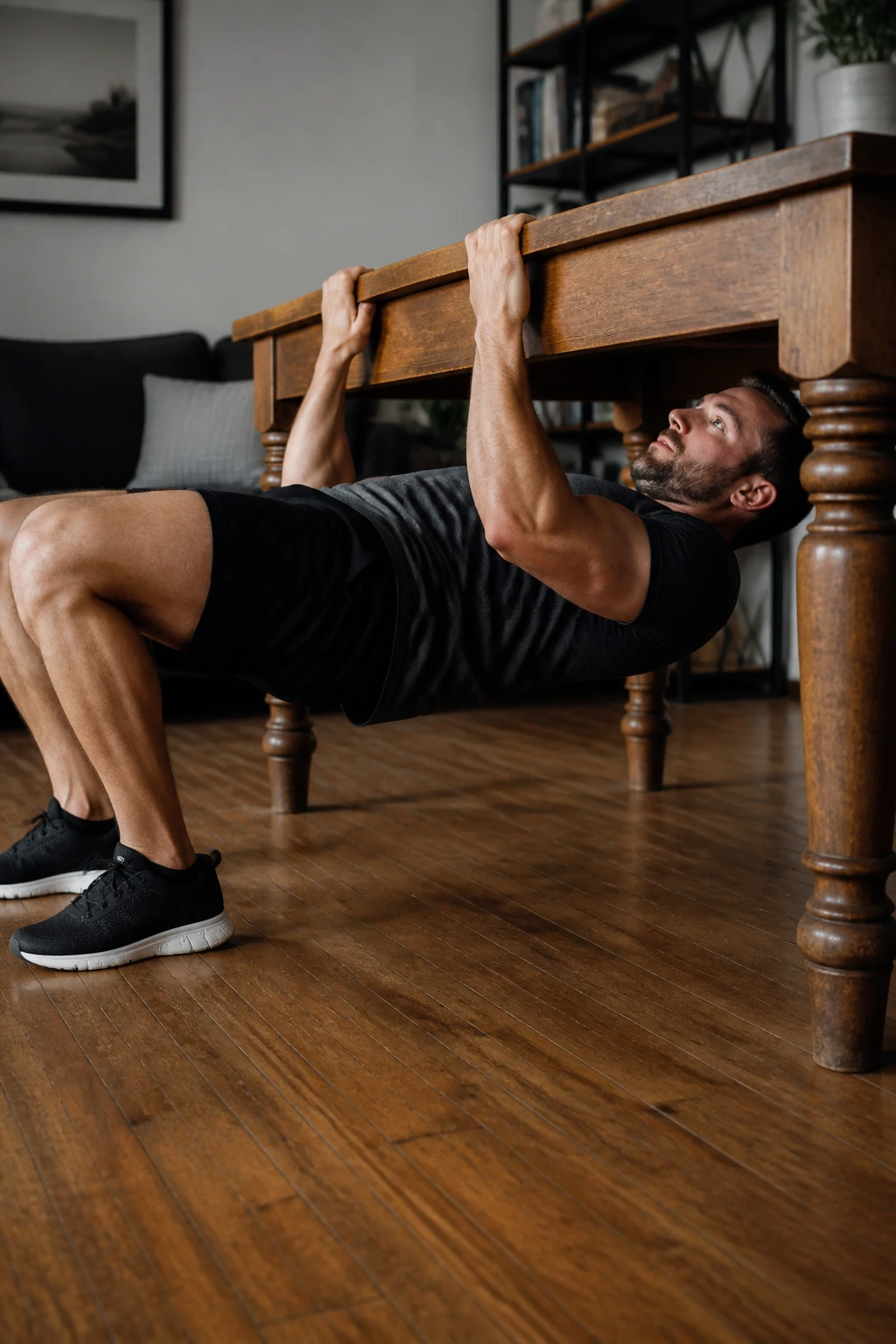 Person performing inverted rows under table in a home setting