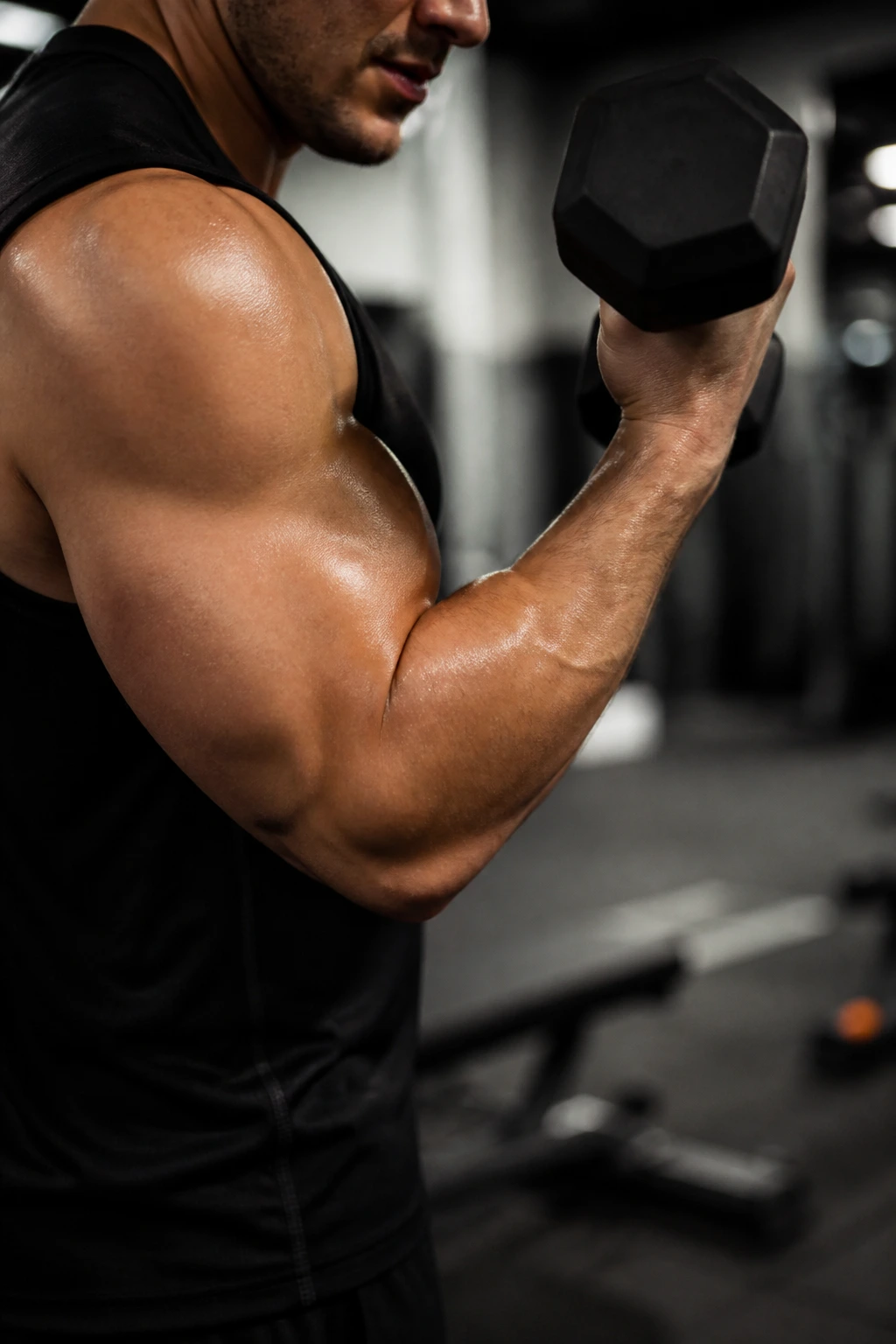 Close-up of an arm curling a dumbbell to isolate the biceps