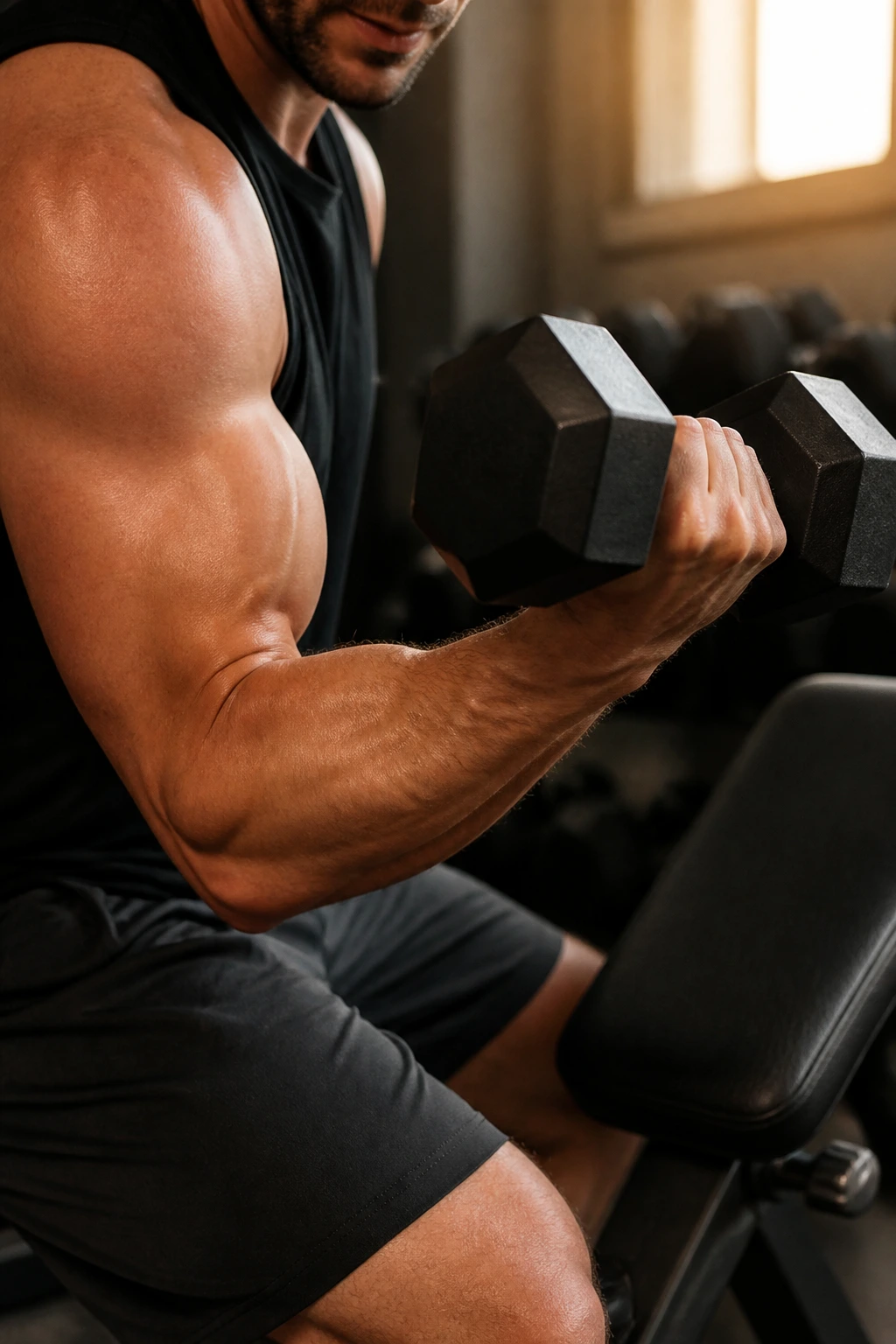 Close-up of forearm and elbow during a dumbbell curl