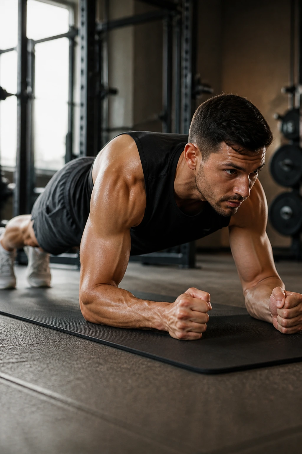 Close-up of an athlete in a strong plank hold on a gym mat