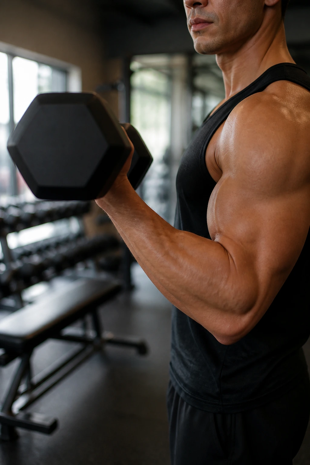 Close-up of a real person holding a dumbbell in an isometric curl at 90 degrees in a gym.