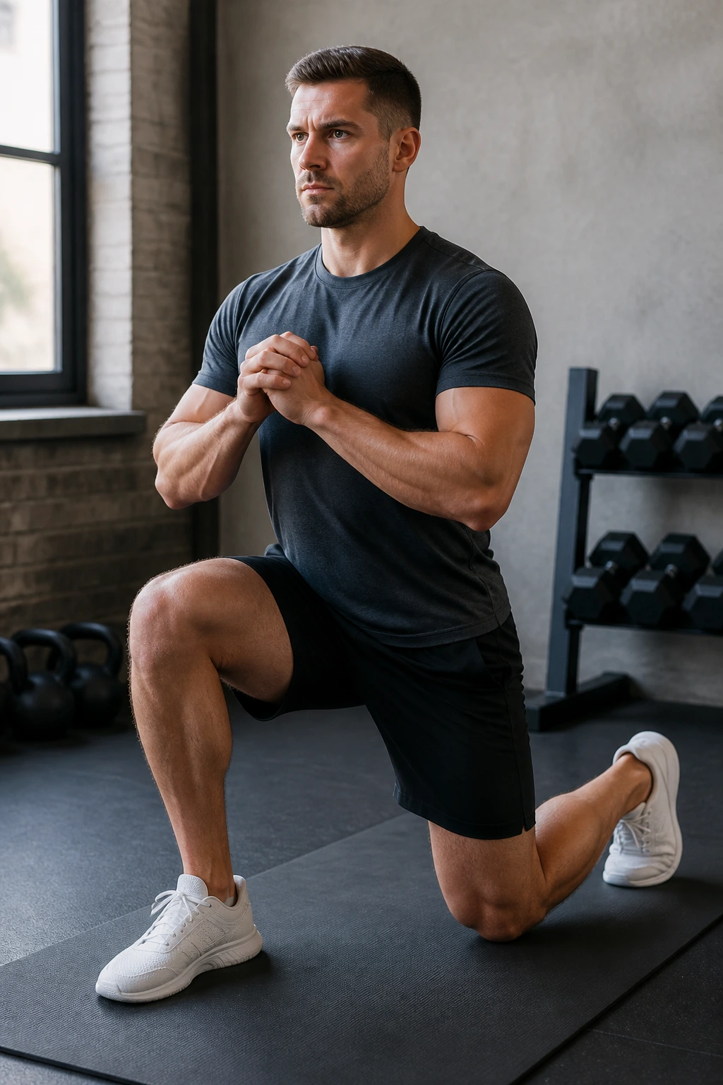 Medium-close portrait of an isometric lunge hold in a gym