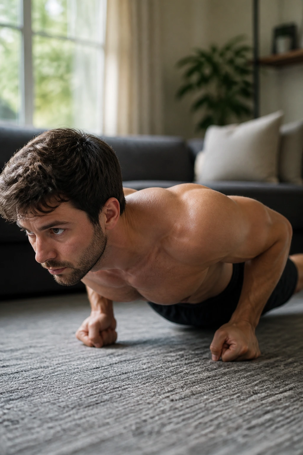 Person performing bottom-of-push-up isometric hold in a living room