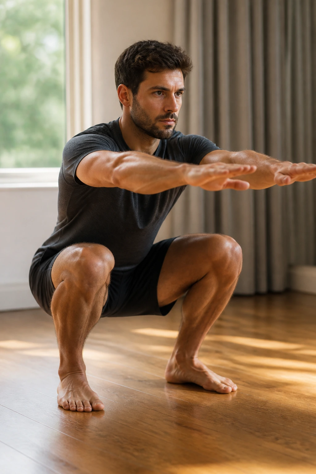 Close-up of a person in a deep isometric squat hold in a home setting