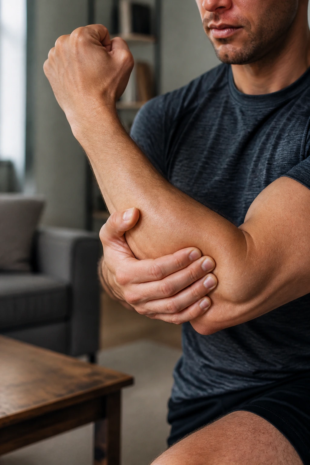 Close-up of forearms in an isometric biceps squeeze in a living room