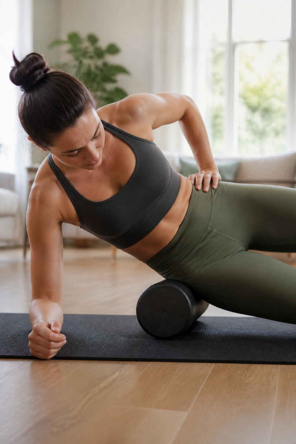 Side-lying person foam rolling IT band with foam roller under hip.