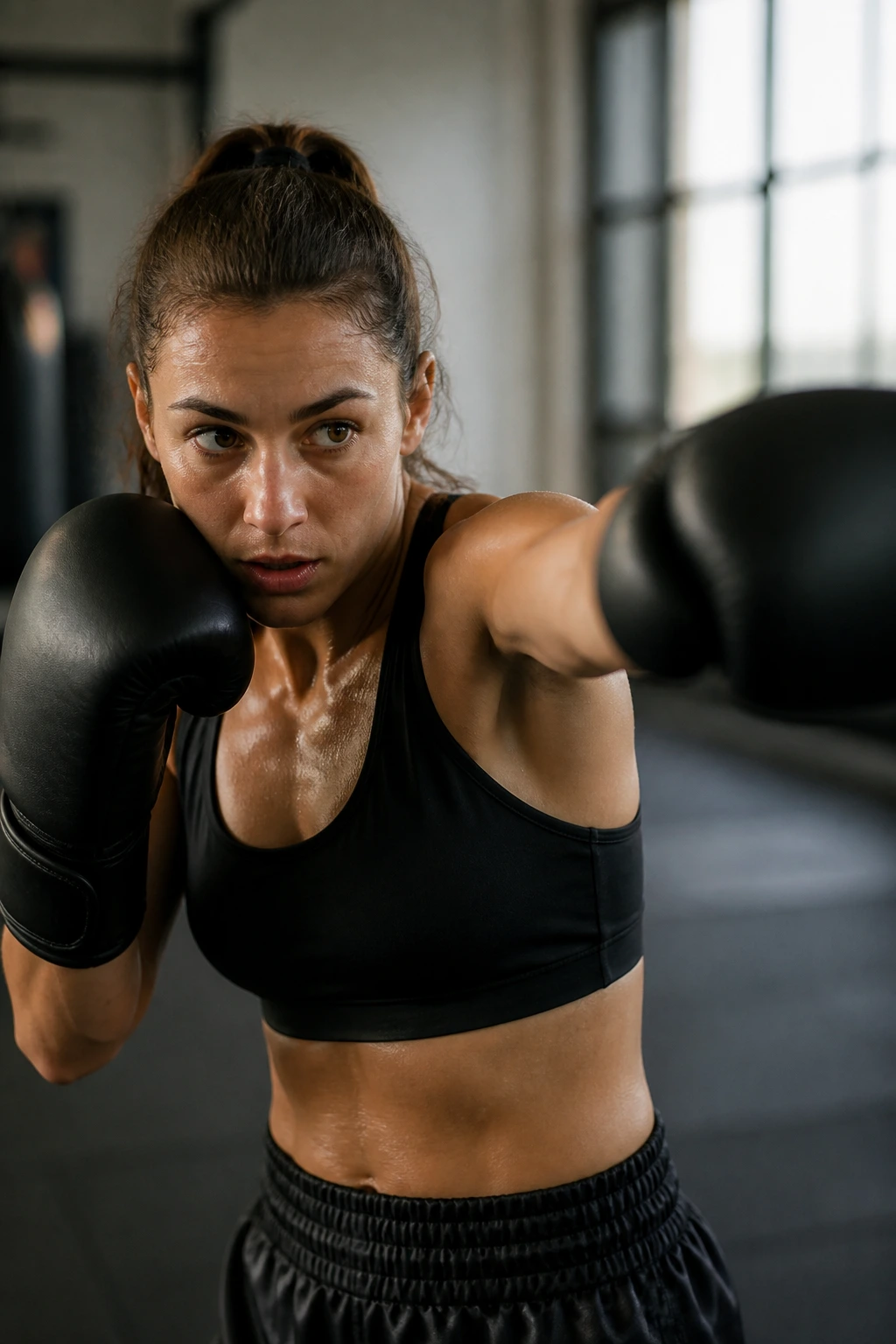 Real woman performing jab-cross in a gym setting