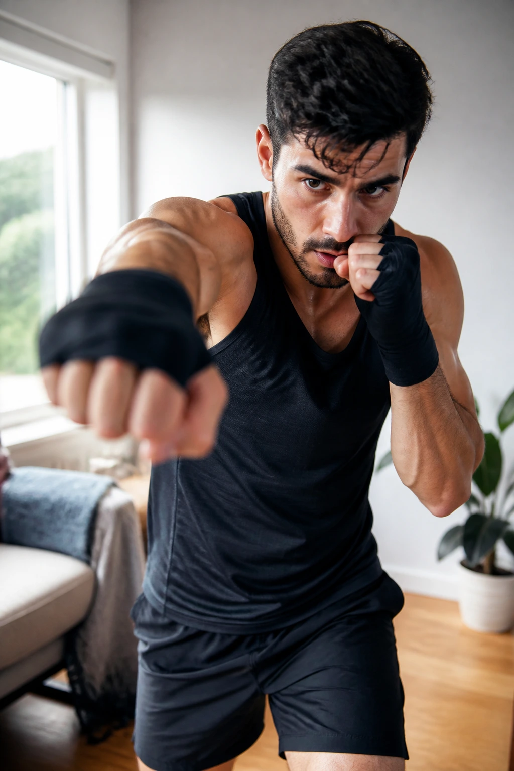 Athlete performing rapid jab-cross punches in a small home gym