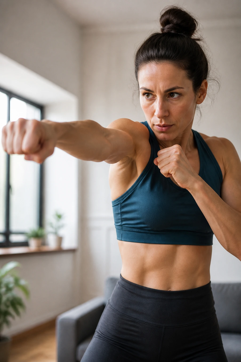 Medium close-up of a real person performing cross-body jab-cross combo in a home setting