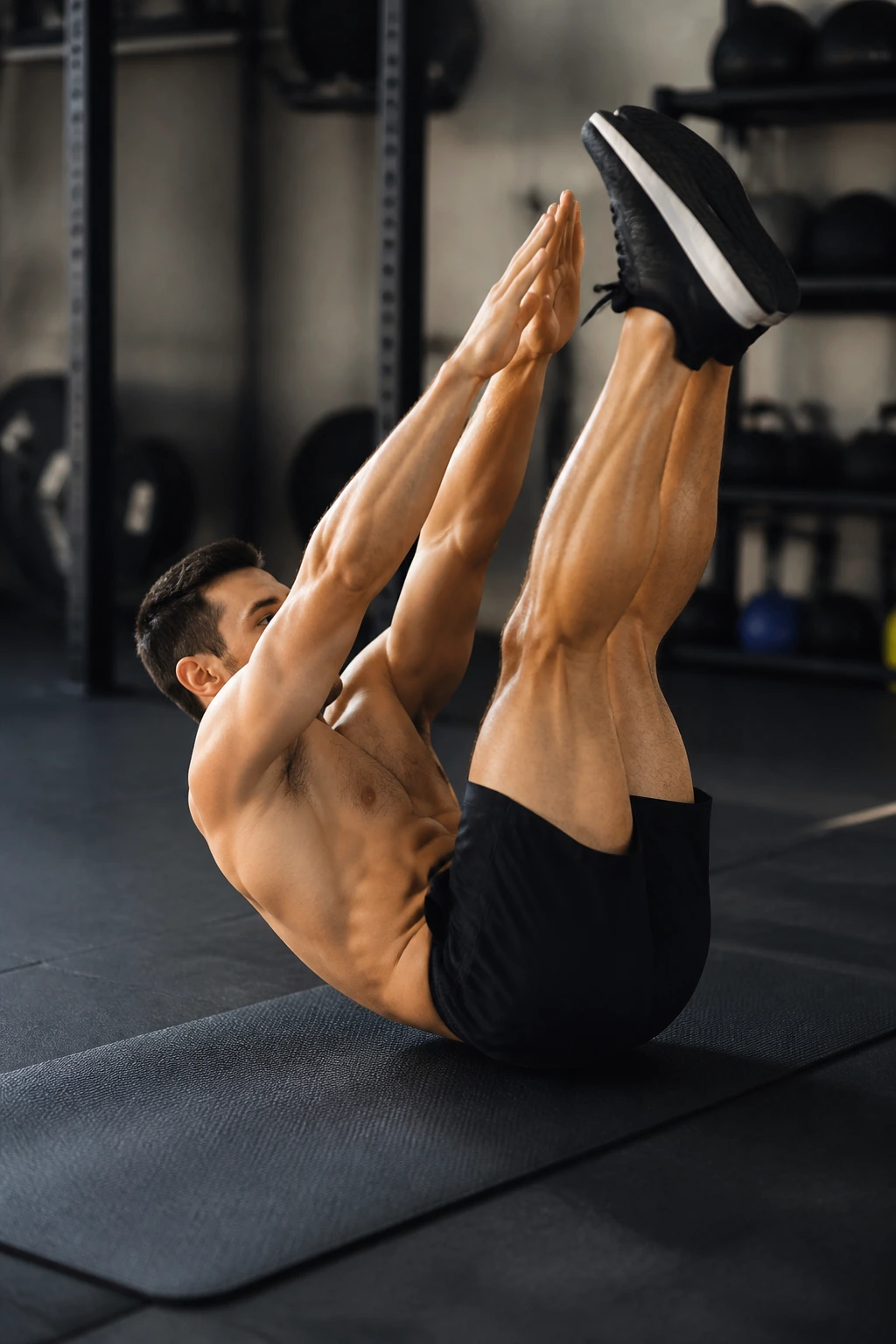 Close-up of person performing jackknife sit-up on mat folding torso toward legs