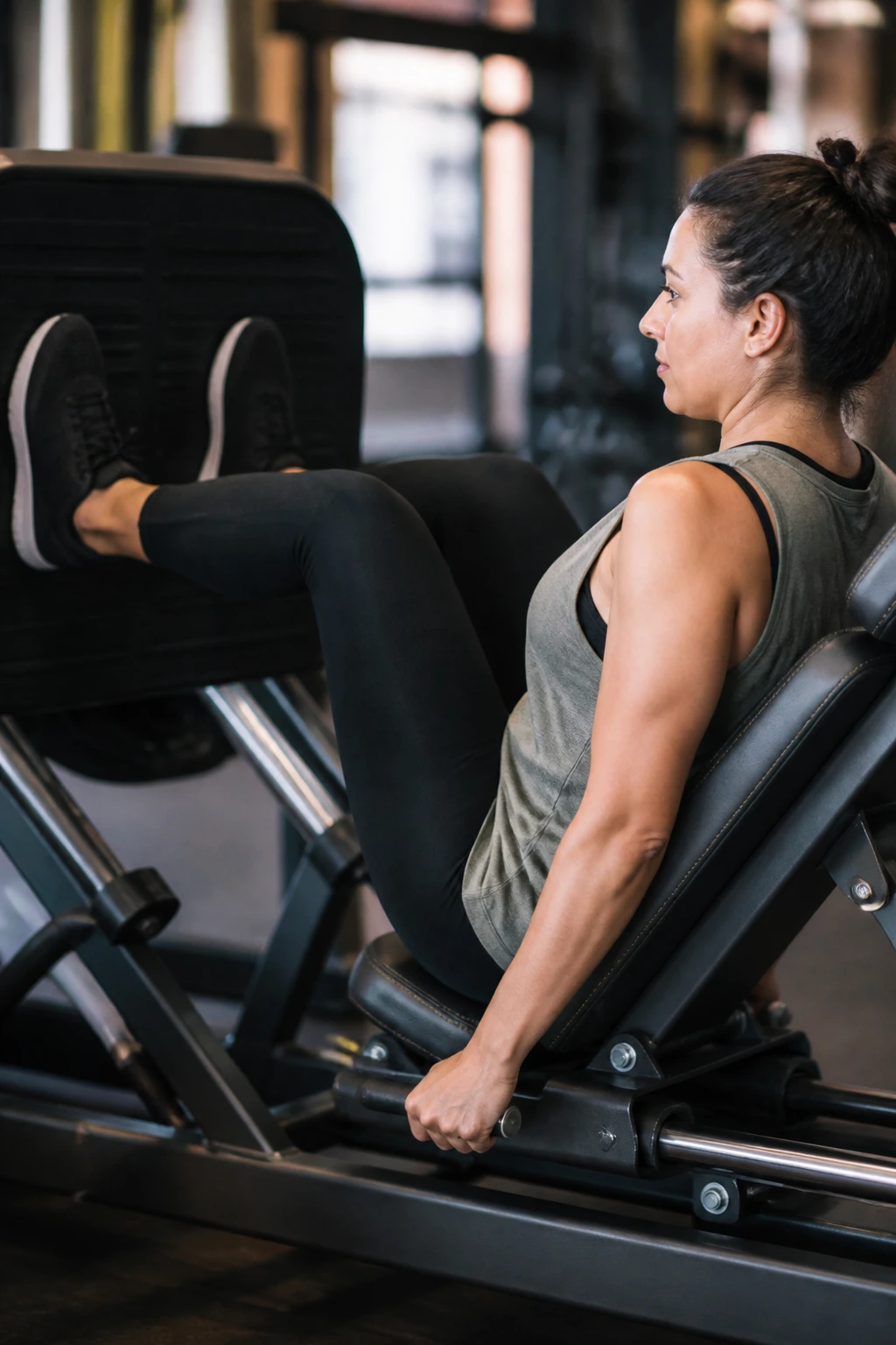 Side profile of a real woman using a leg press with proper knee alignment