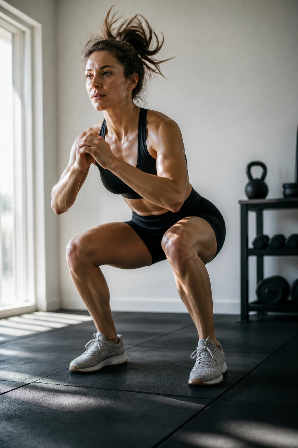 Person performing a disciplined squat jump with a soft landing on a padded home gym floor.