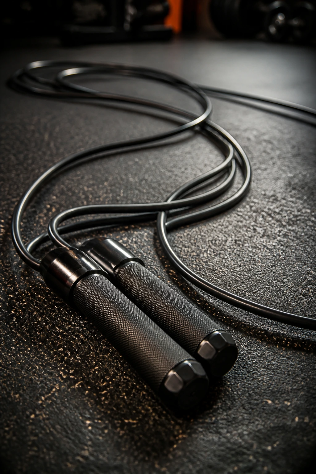 Jump rope handles with rope looping on gym floor