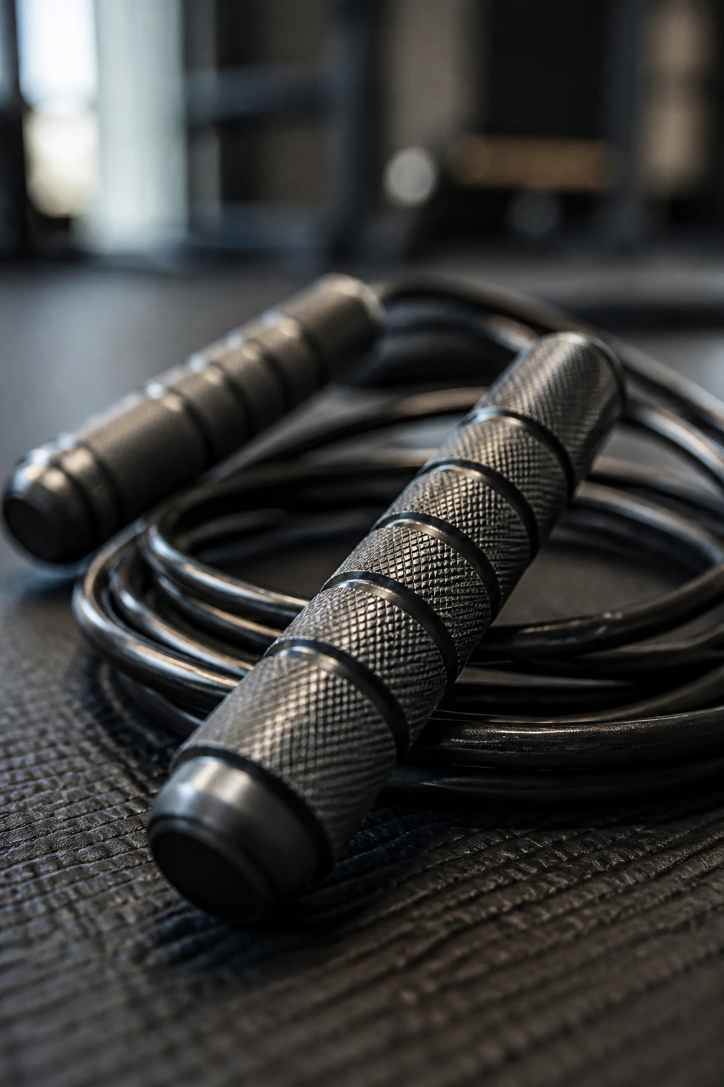 Jump rope handle and rope coiled on gym mat
