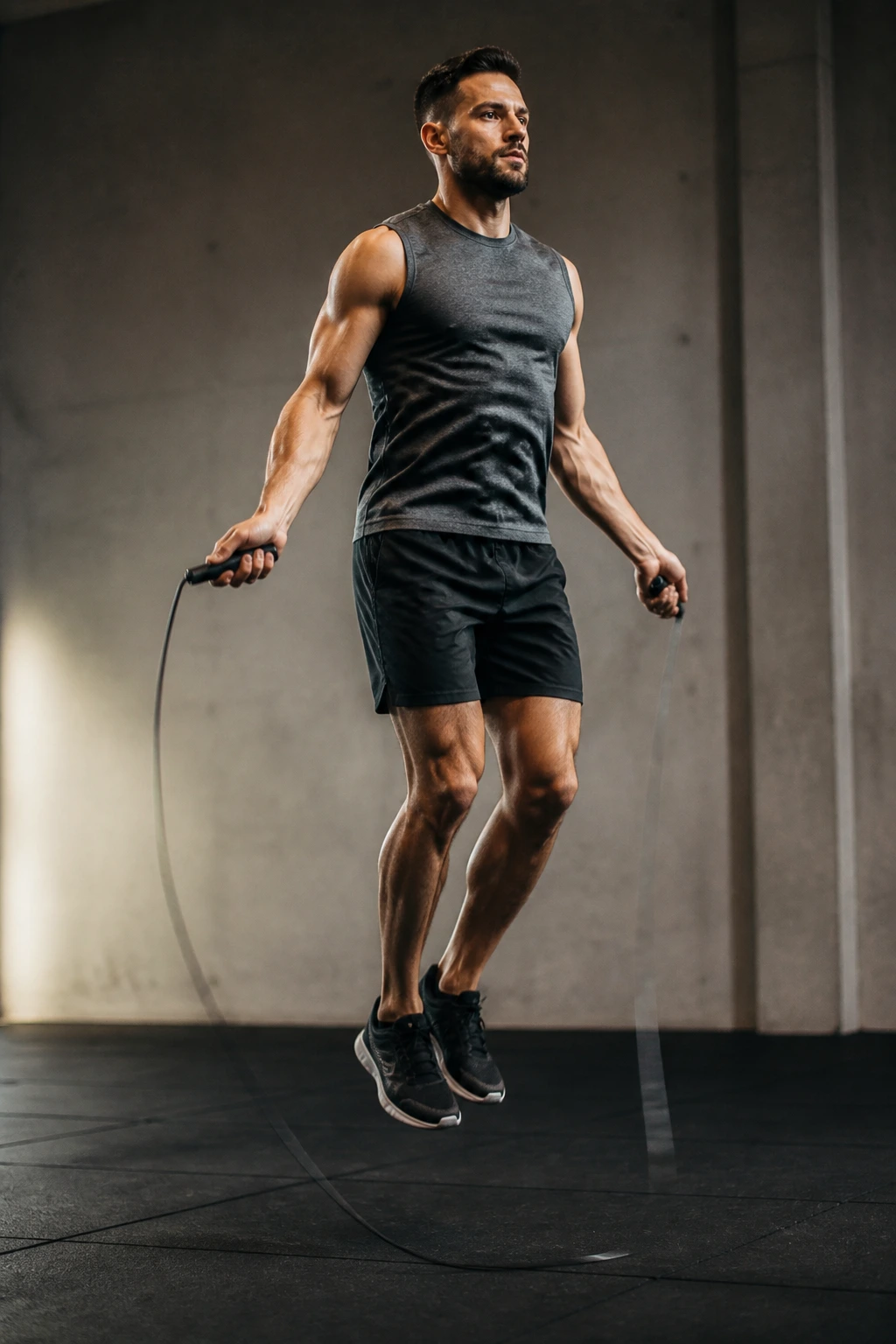 Athlete jumping rope with rope in motion in a gym setting