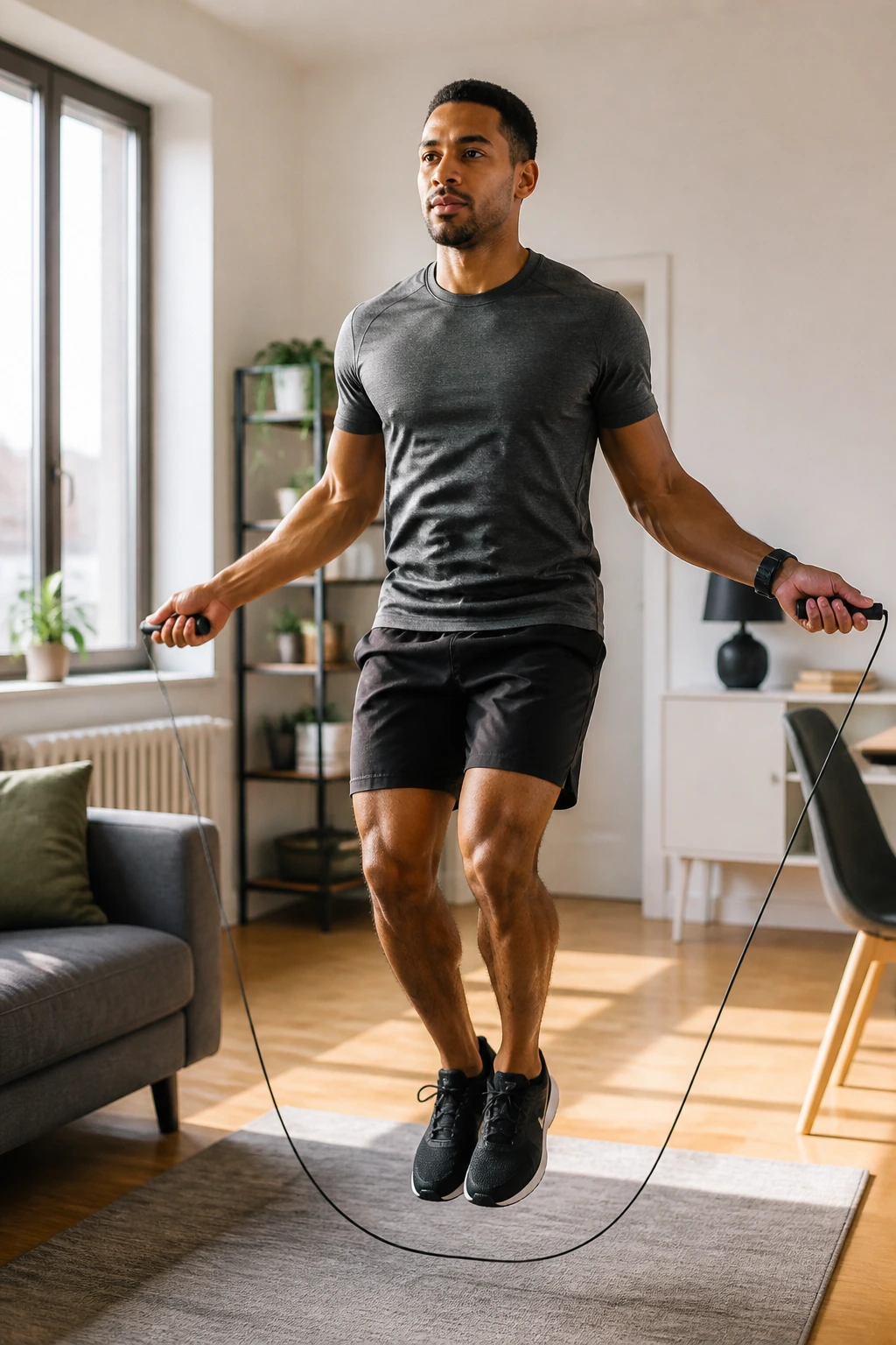 Person jumping rope in a small apartment