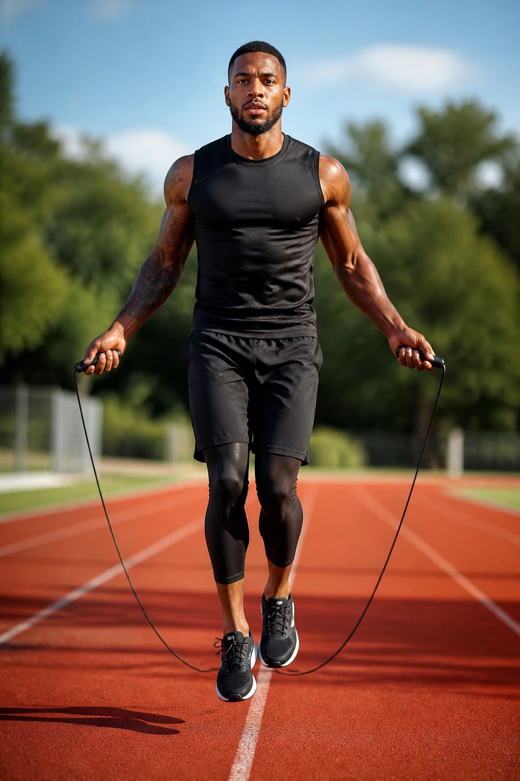Person jumping rope vigorously outdoors during cardio intervals