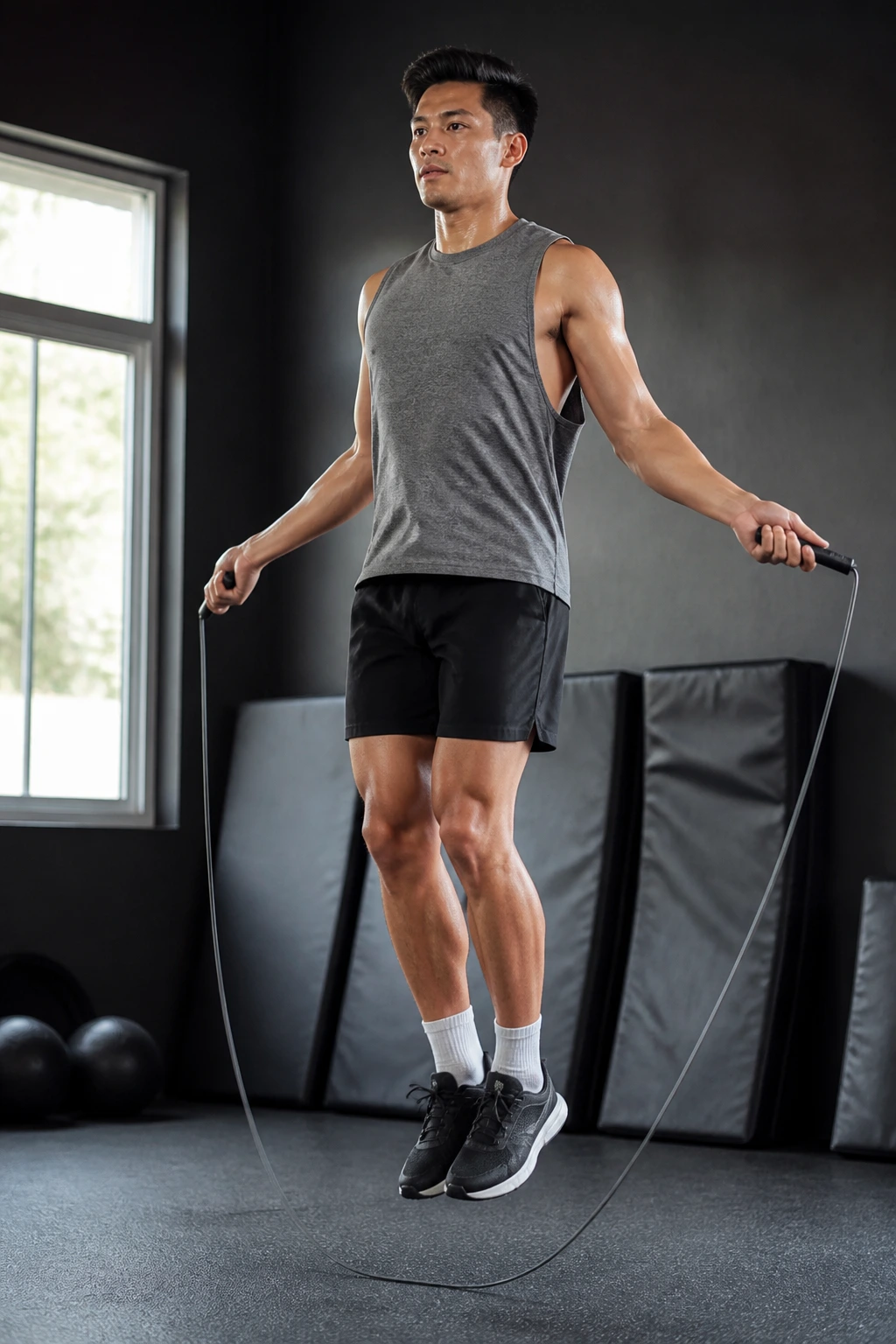 Athlete performing jump rope intervals in a gym with rope mid-air