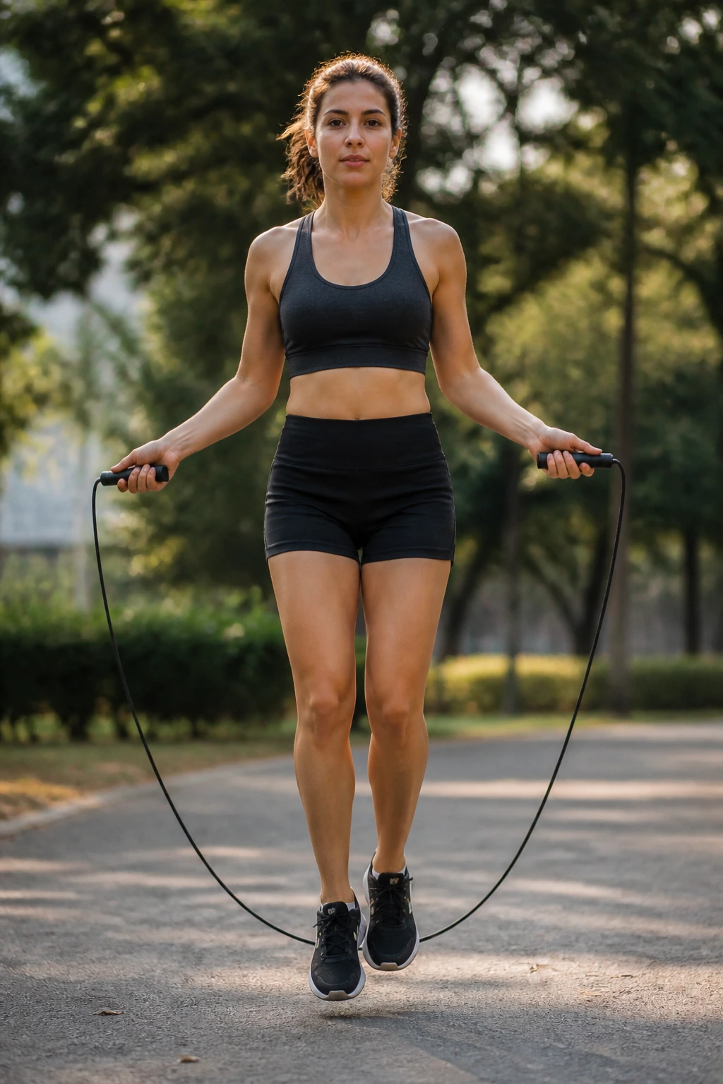 Person jumping rope at steady pace in a park.