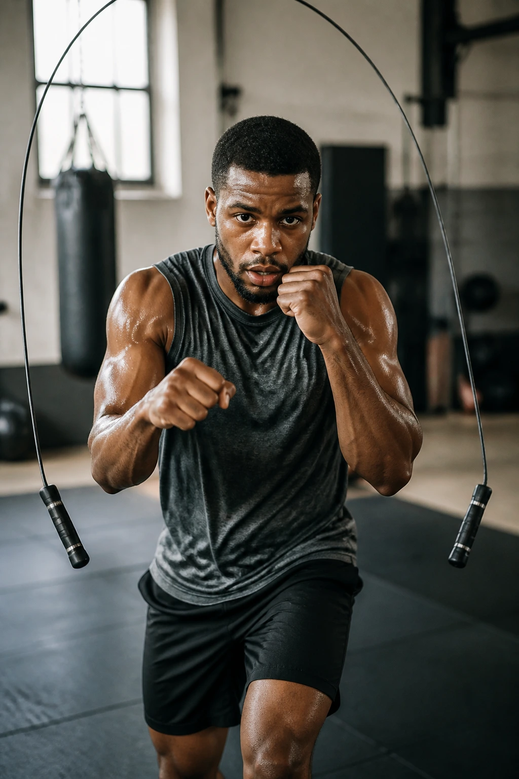 Close-up of a fit person jumping rope with fists in shadow boxing stance in a gym