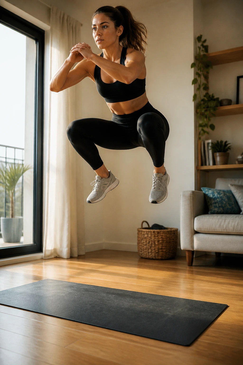 Person performing jump squat in home gym
