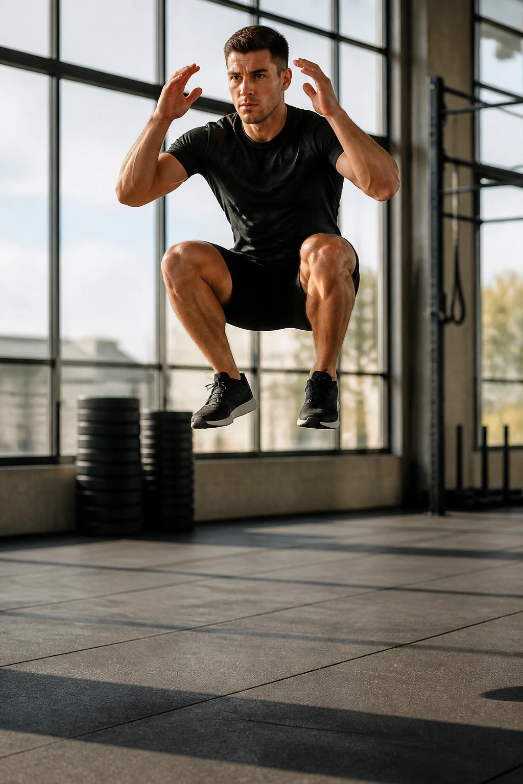 Mid-air shot of a real person performing a jump squat with explosive power