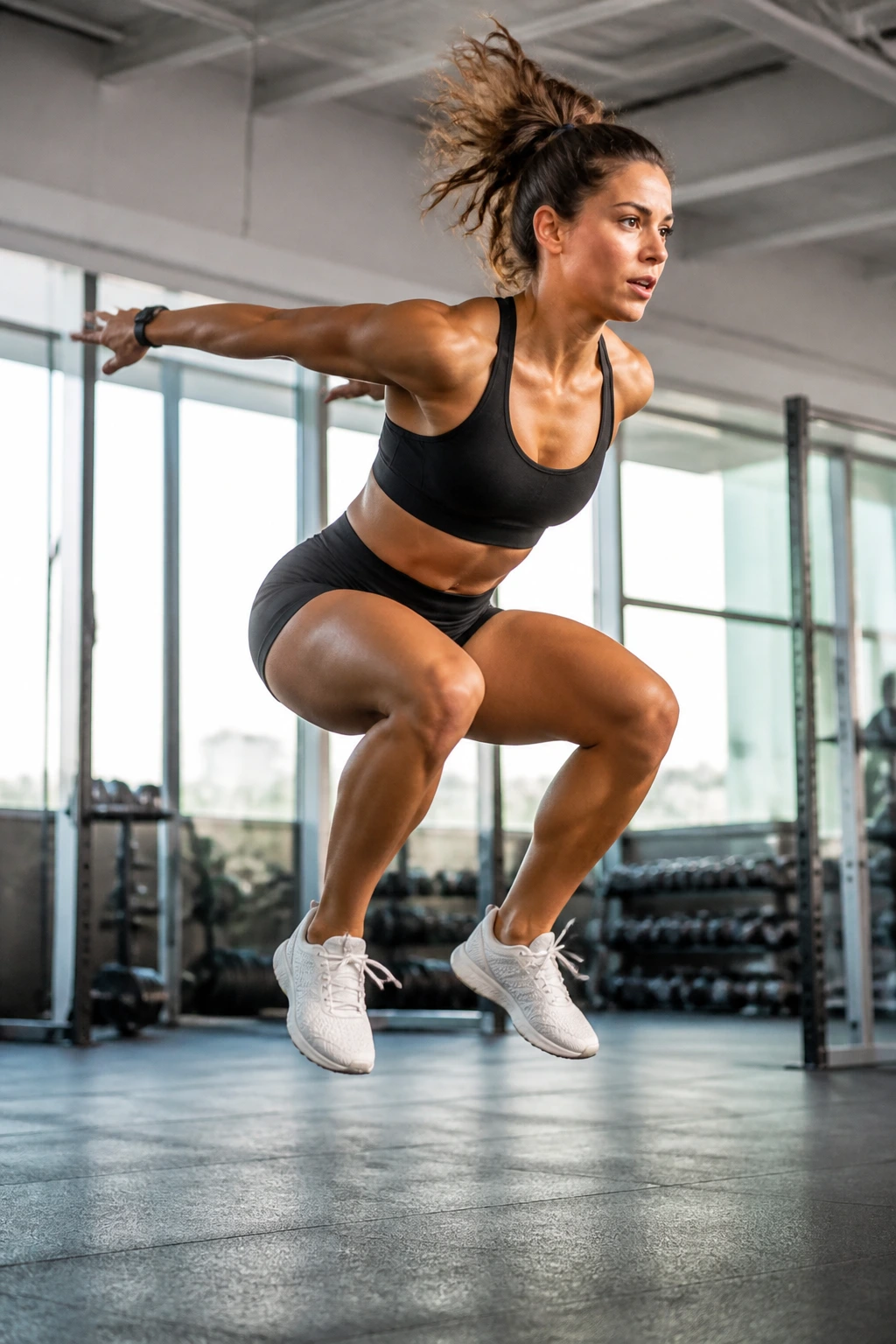 Athlete performing a jump squat mid-air in a gym