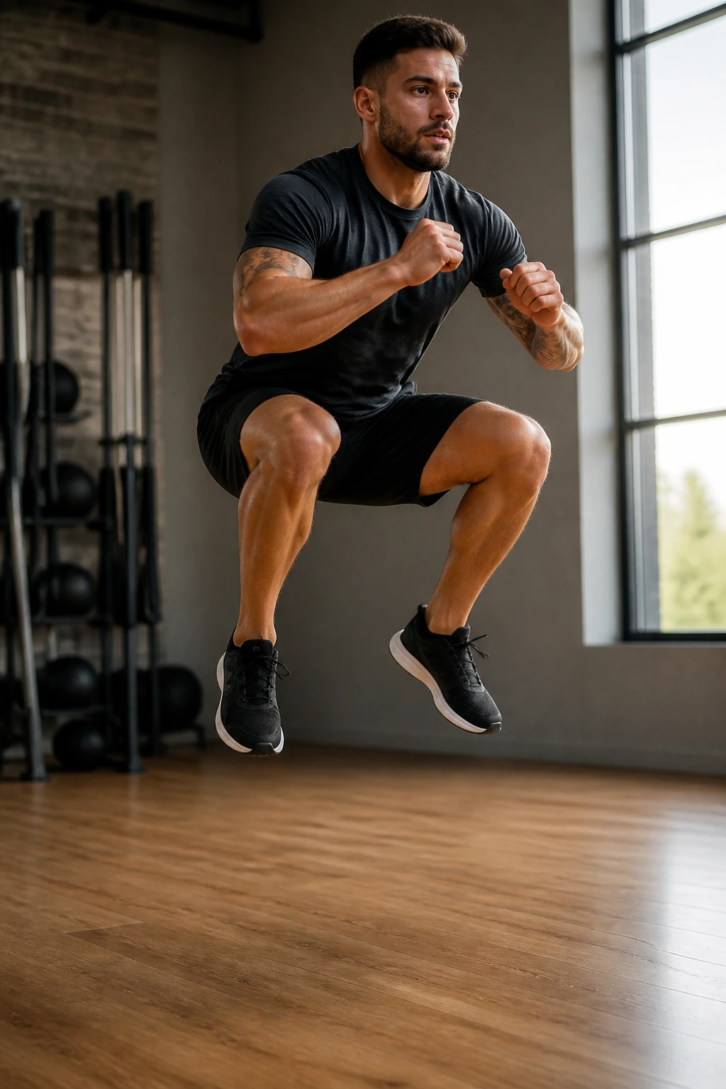 Real person performing a jump squat mid-air in a gym setting