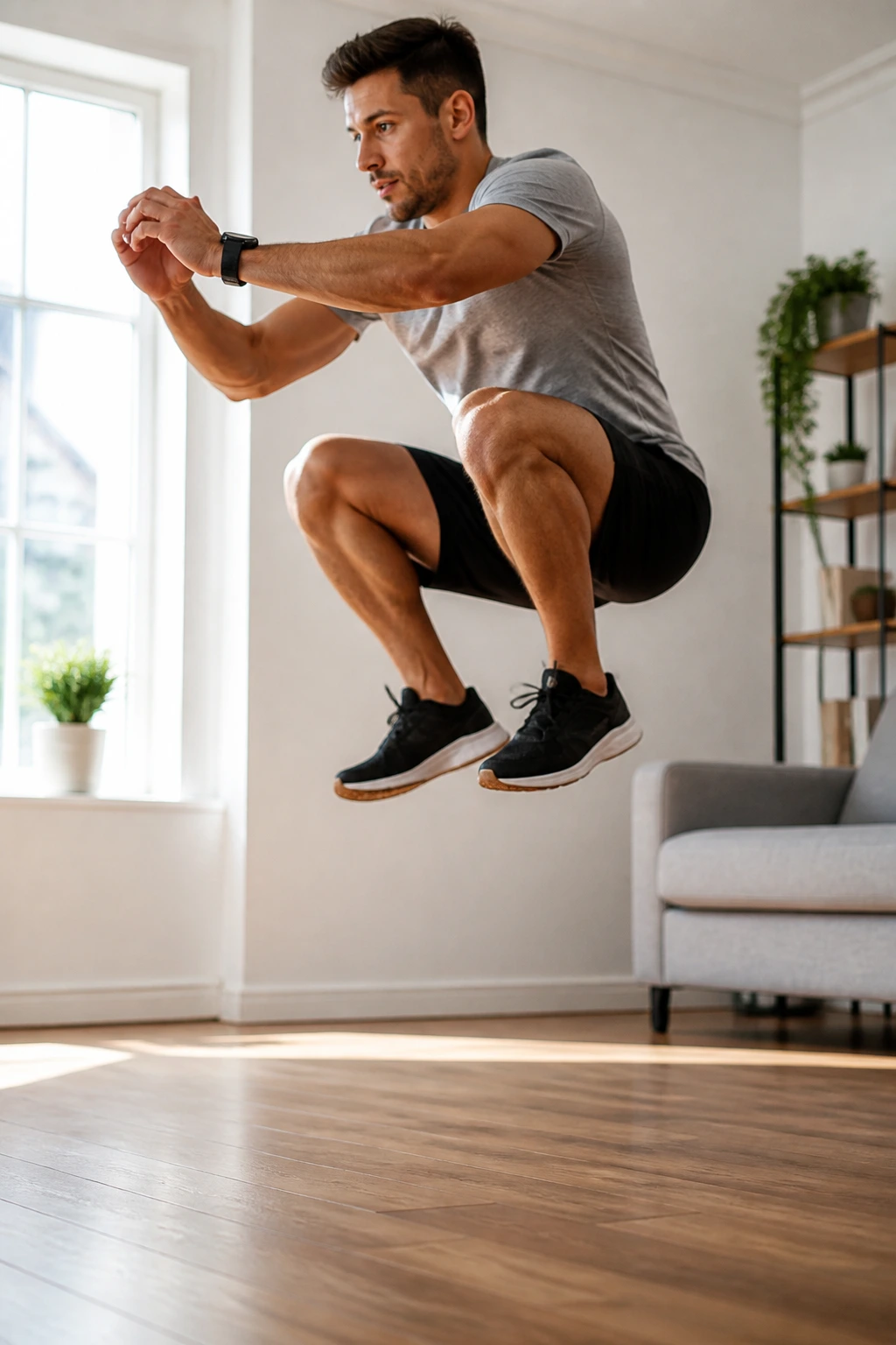 Real person performing a jump squat in mid-air at home