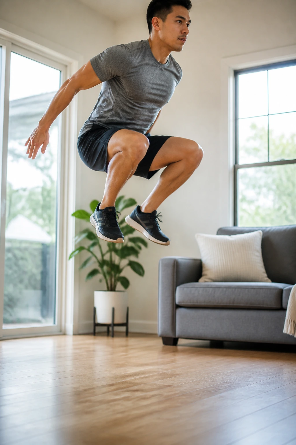 Real person mid-air performing a jump squat in a bright living room.