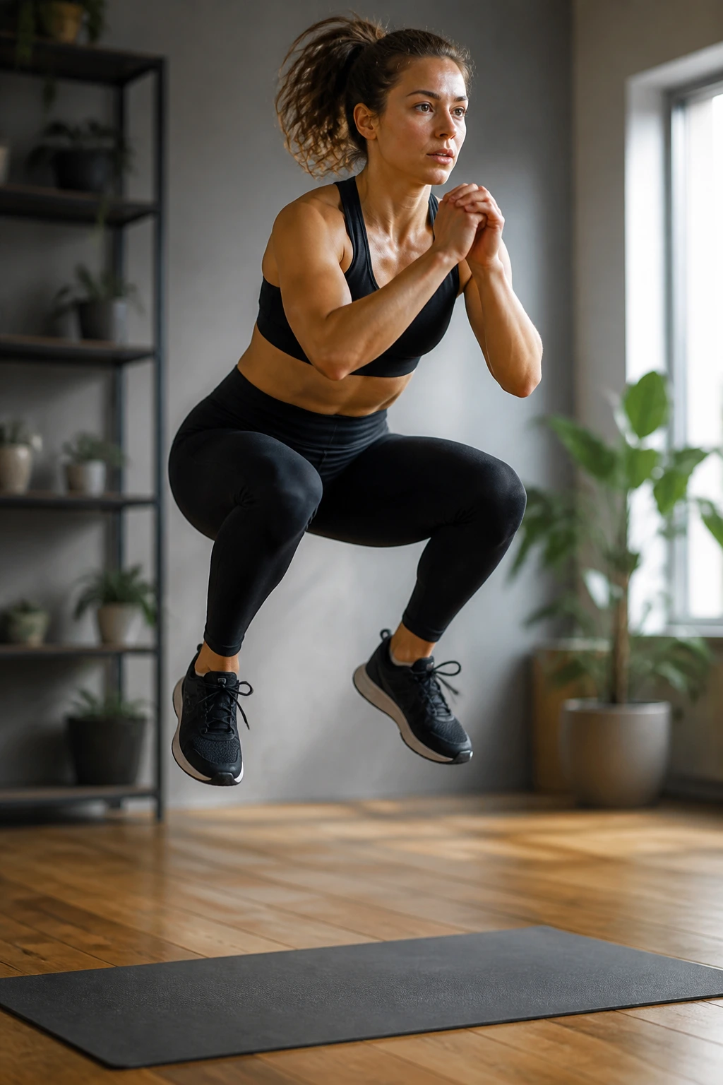 Close-up of a real person mid-air during a jump squat in a home gym
