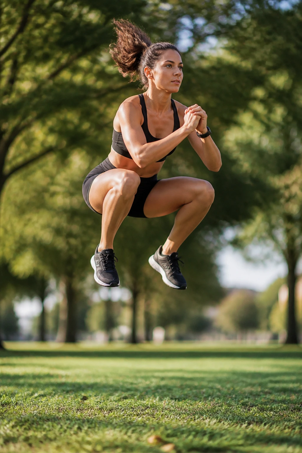 Real person mid-air during a jump squat in a park.