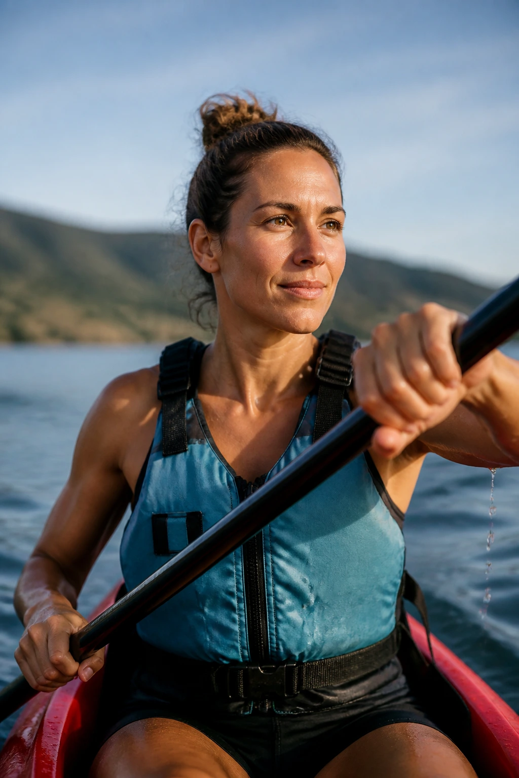 Kayaker paddling on calm water