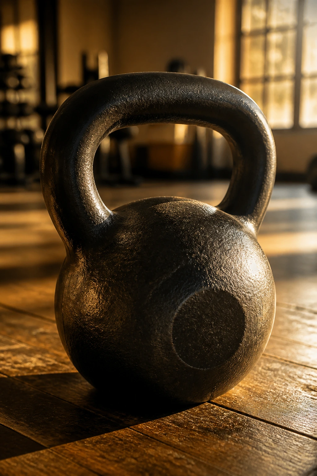 Close-up of a cast-iron kettlebell on a wooden gym floor