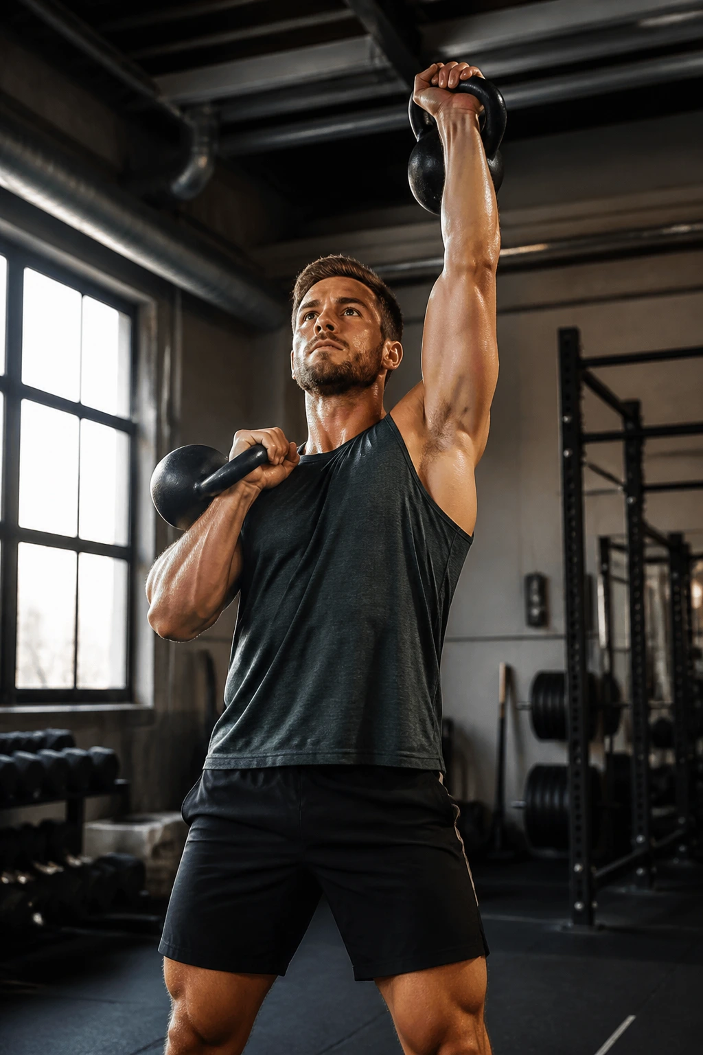 Lifter performing kettlebell clean and press in gym.