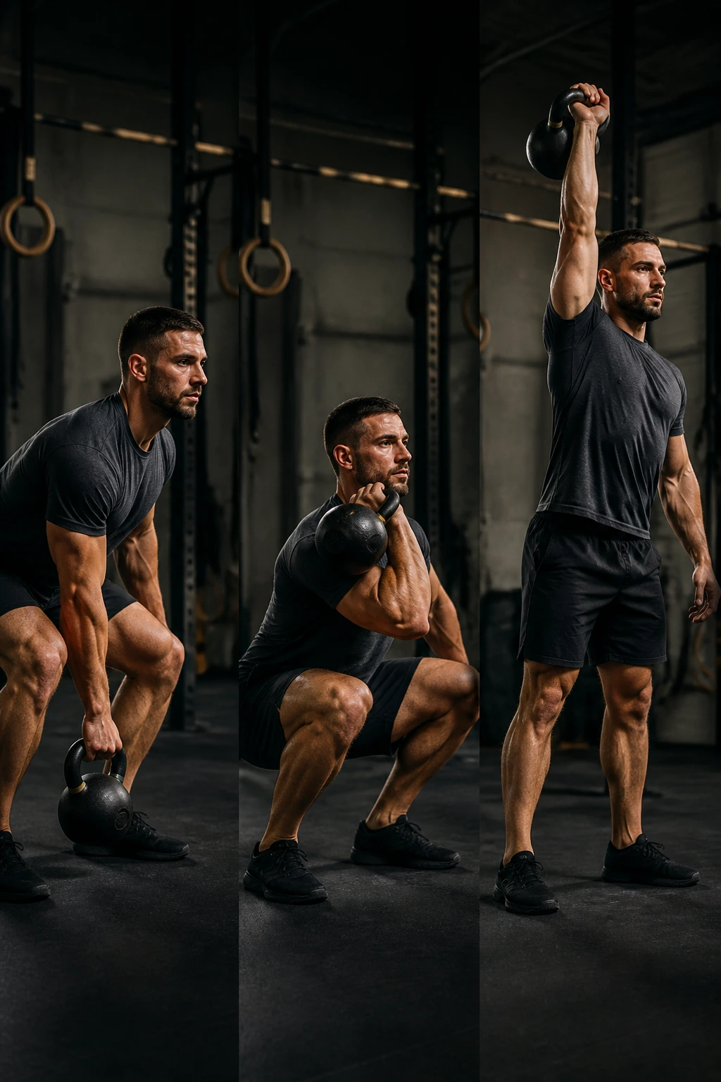 Side view of a kettlebell complex: clean, front squat, and press