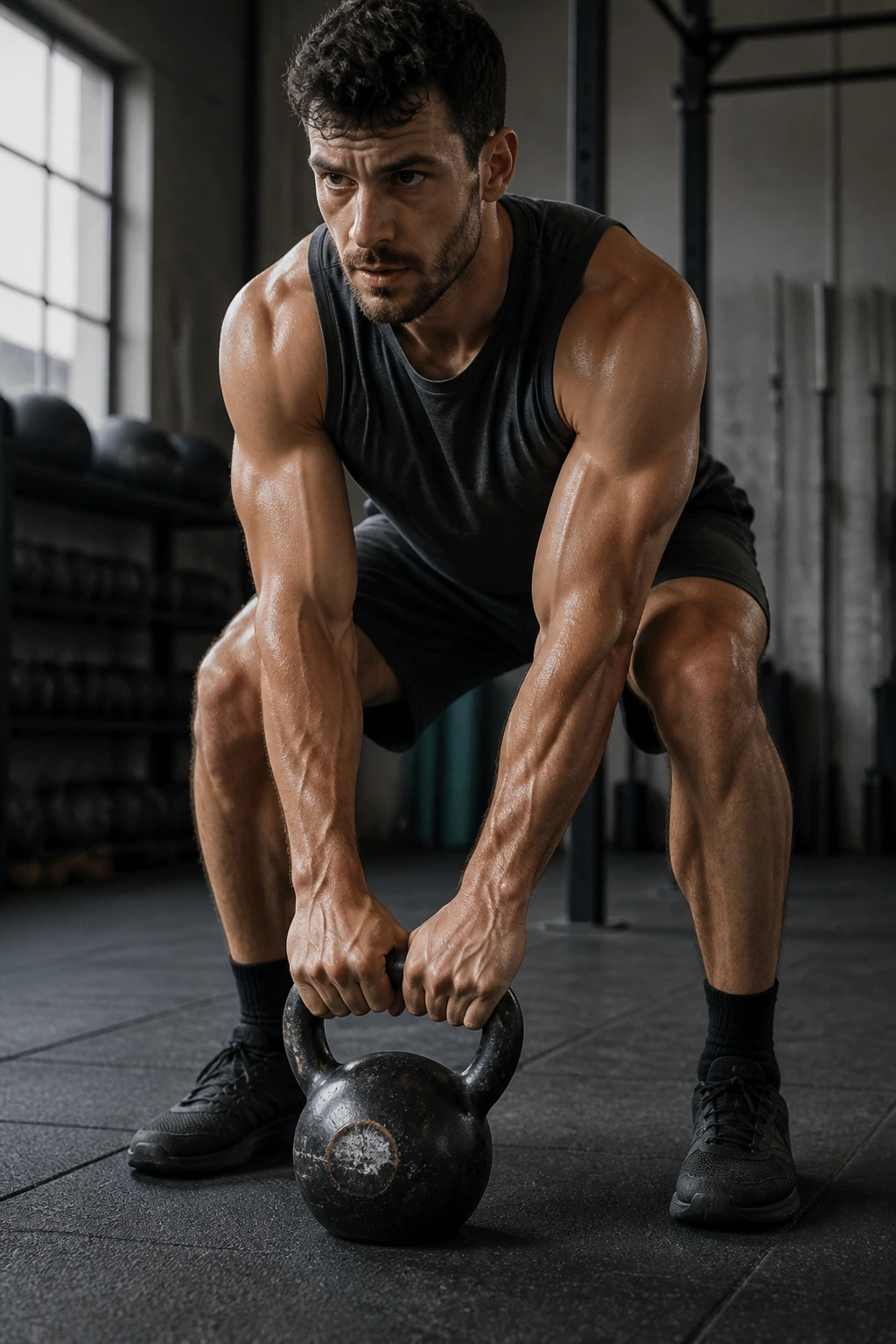 Athlete ready to start kettlebell 5-4-3-2-1 complex sequence