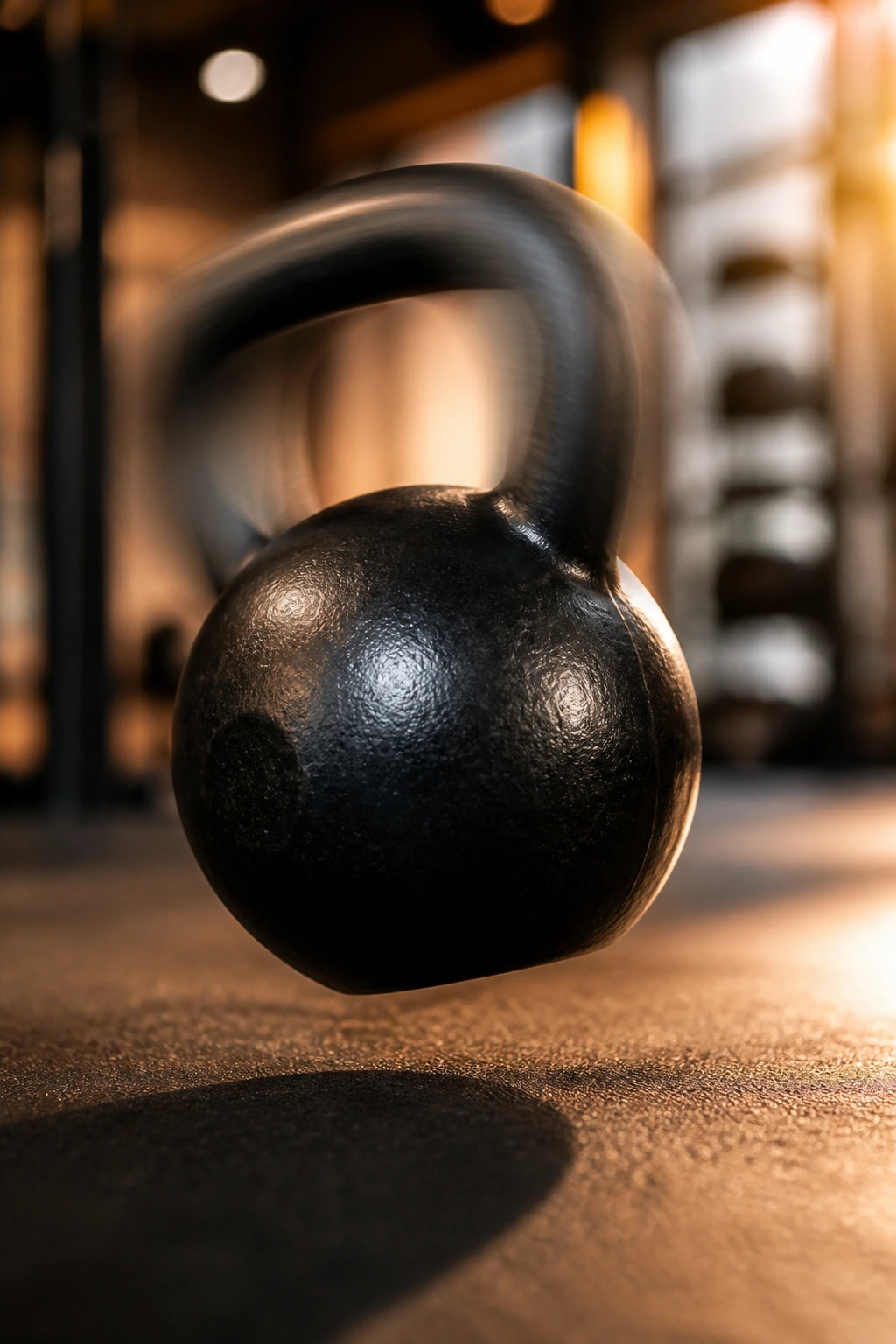 Kettlebell mid-swing with gym background and motion blur