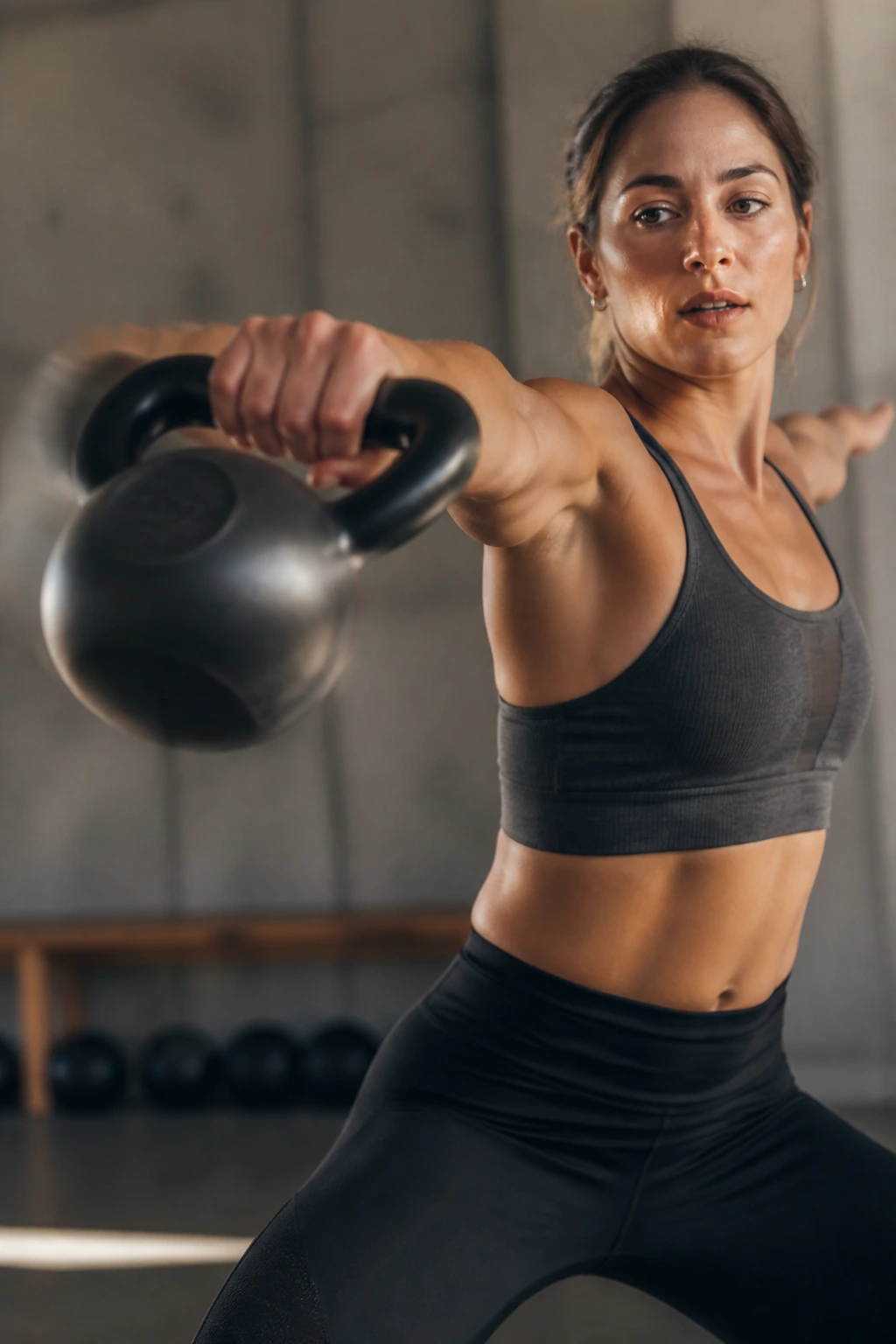 Medium close-up of a lightweight kettlebell in motion during a flow sequence.