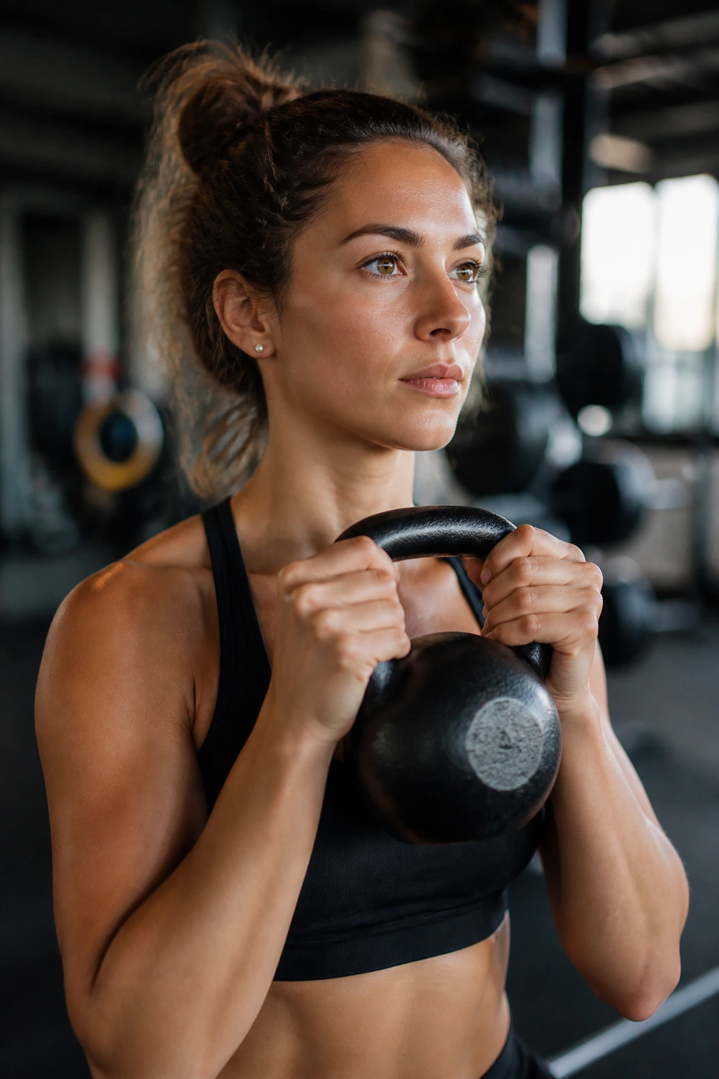 Close-up of a person gripping a kettlebell in goblet position in a gym