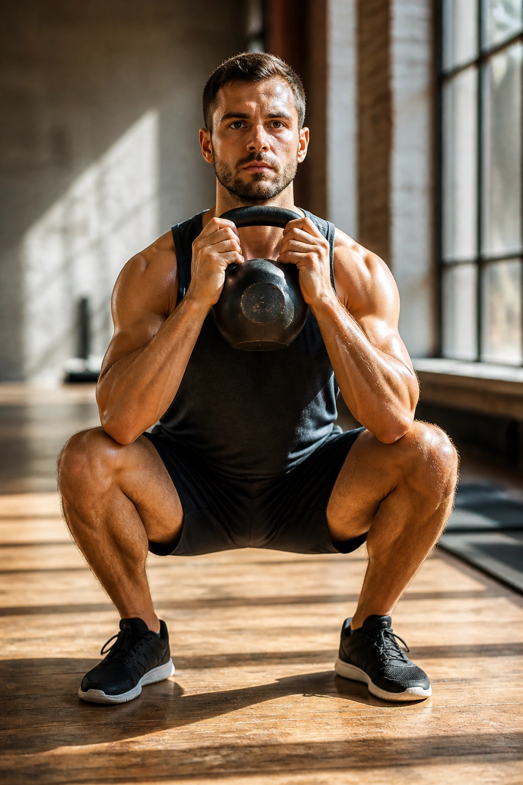 Front view of a person performing goblet squats with a kettlebell in a gym