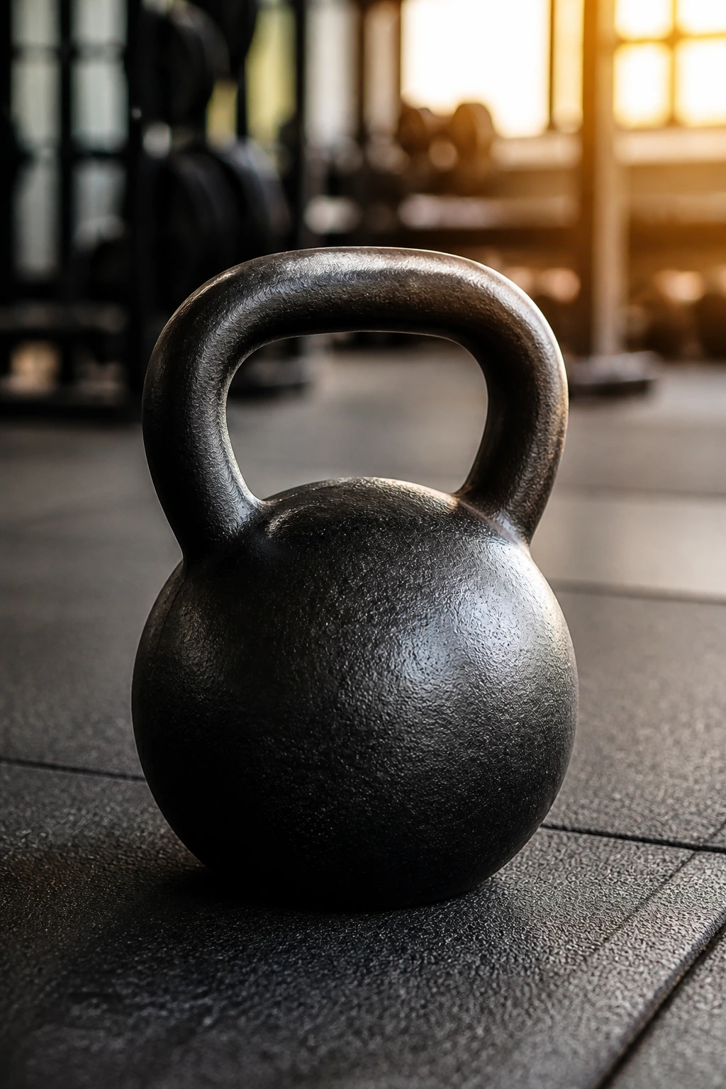 Single kettlebell on gym floor close-up.