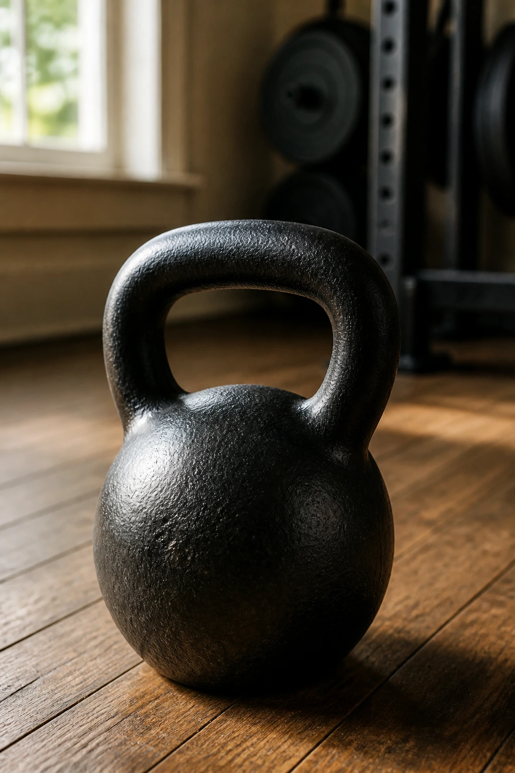Close-up of a kettlebell dominating the frame on a wooden floor for a home kettlebell HIIT finisher