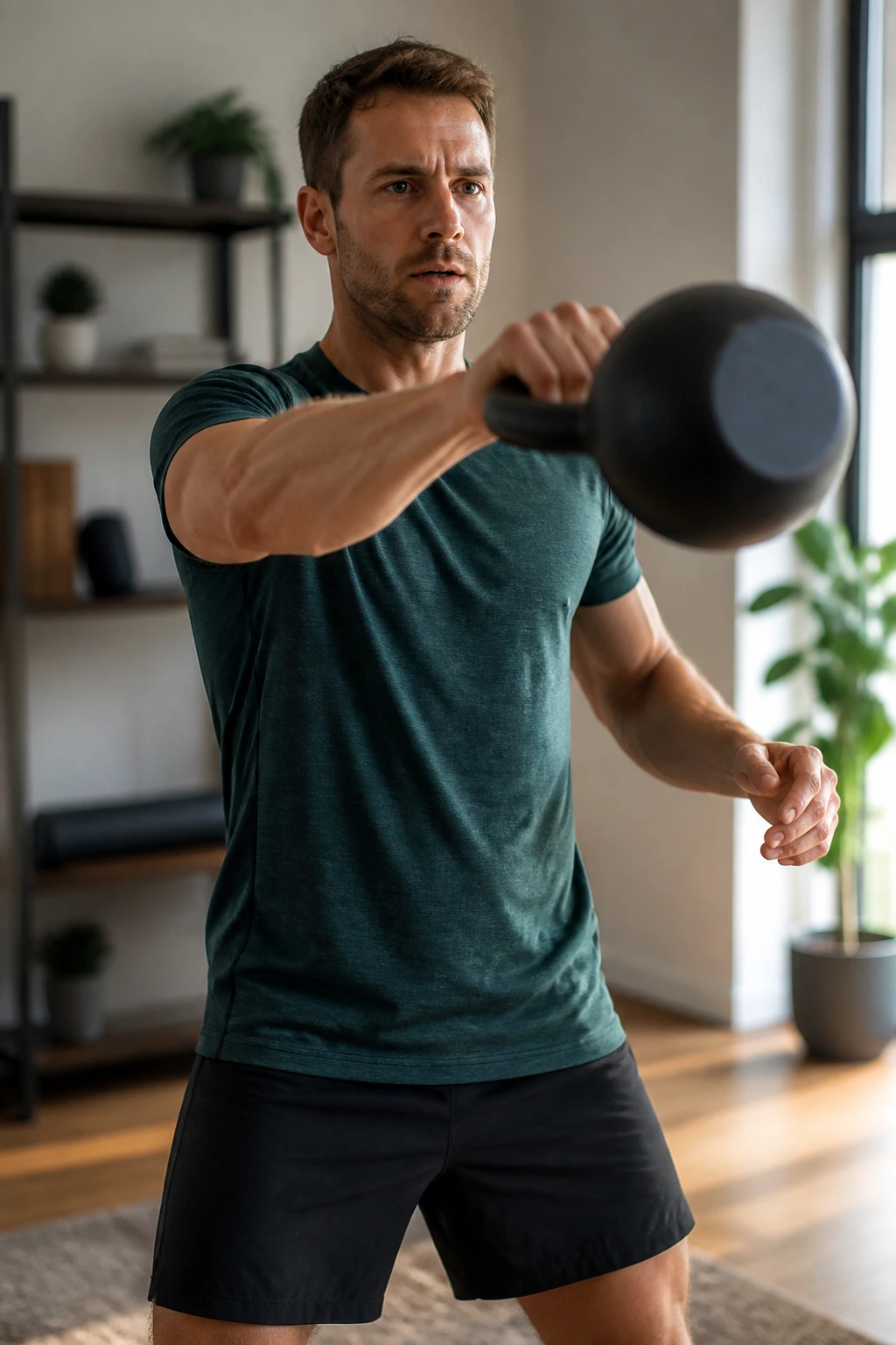 Person performing a kettlebell exercise in interval training in a home gym