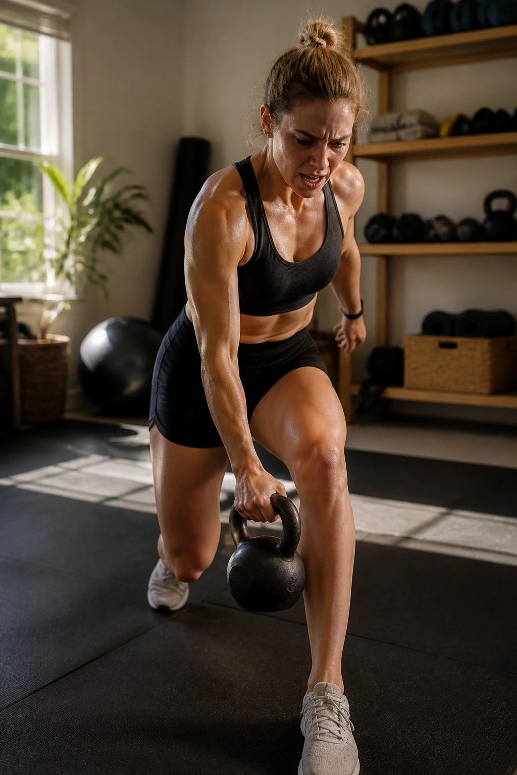 Athlete doing an ascending ladder kettlebell movement with intense effort