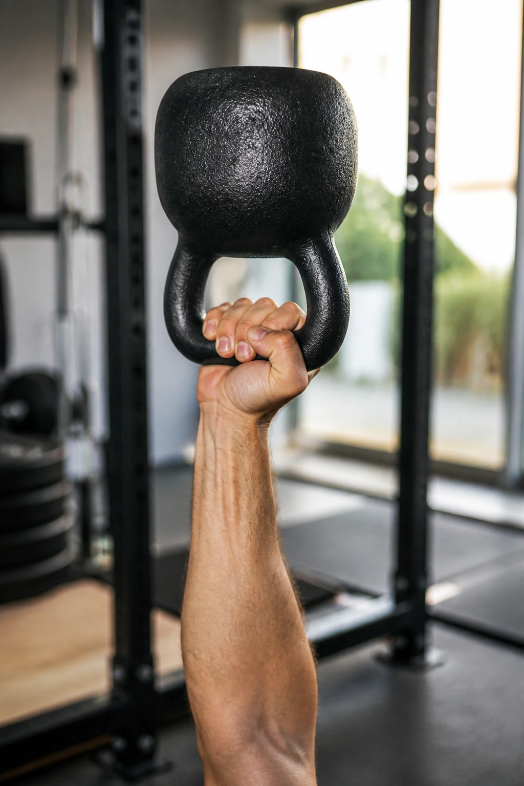 Close-up of an upside-down kettlebell in rack position with a forearm in a gym setting