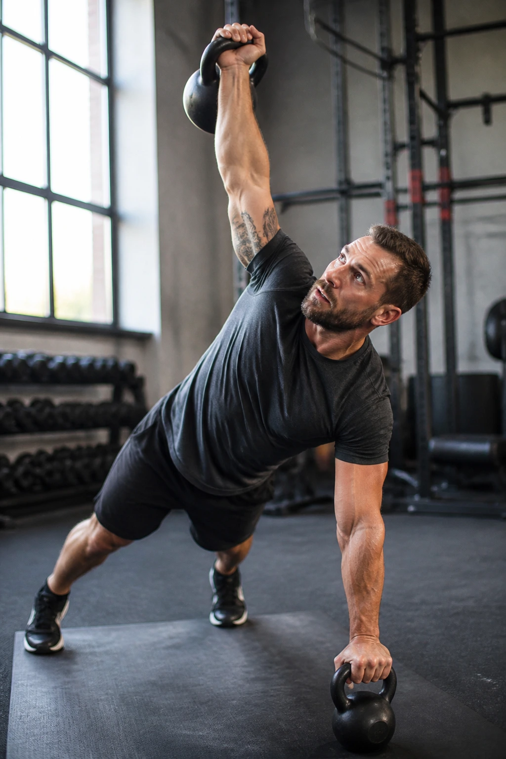 Athlete performing kettlebell press and renegade row in gym