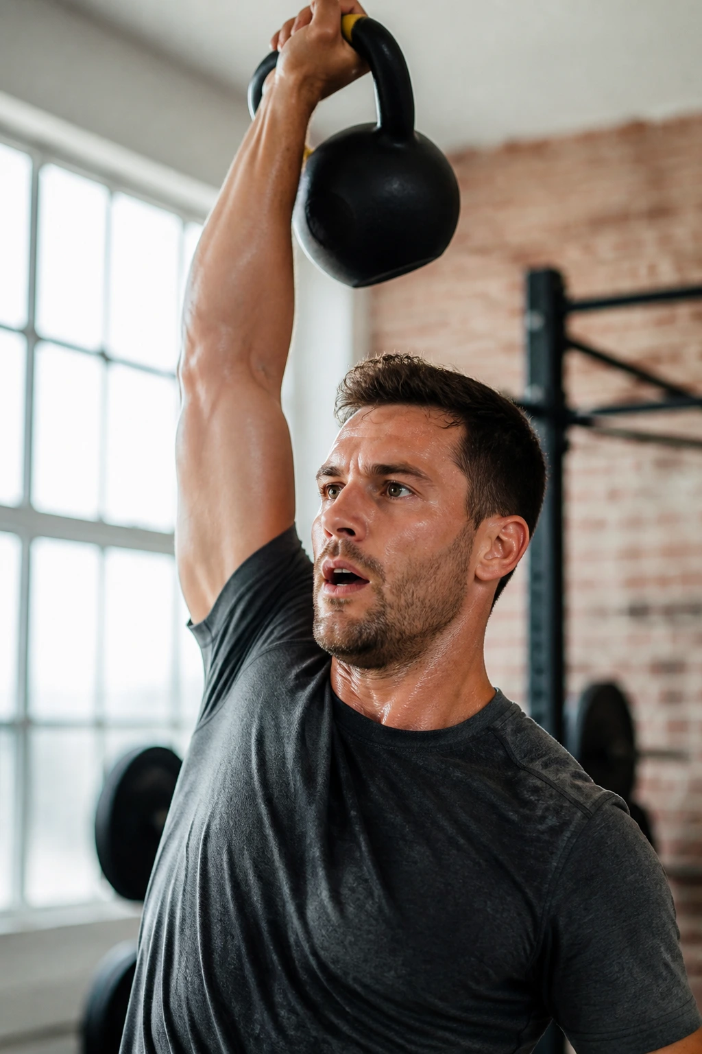 Real person performing kettlebell snatch in a power-primer drill