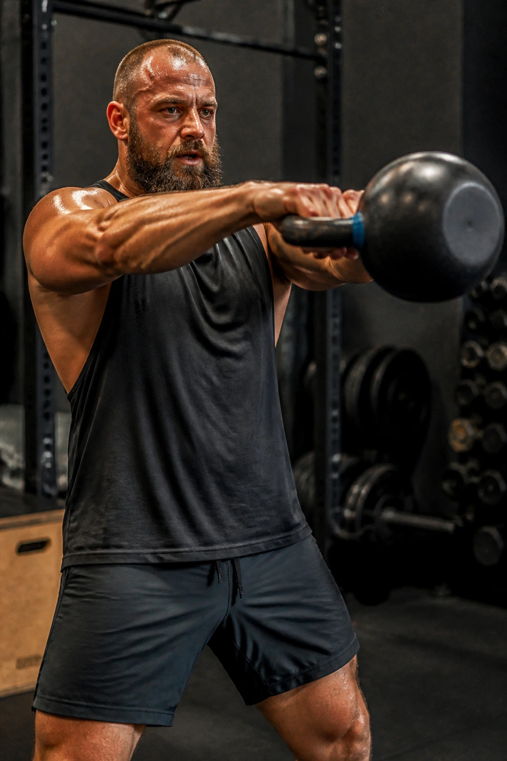 Real athlete performing kettlebell swing in a strength-endurance workout