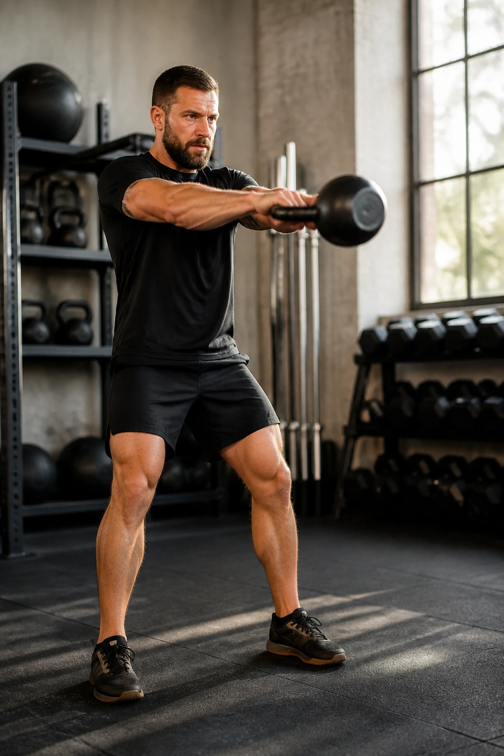 Person performing kettlebell swing in gym during complex finisher